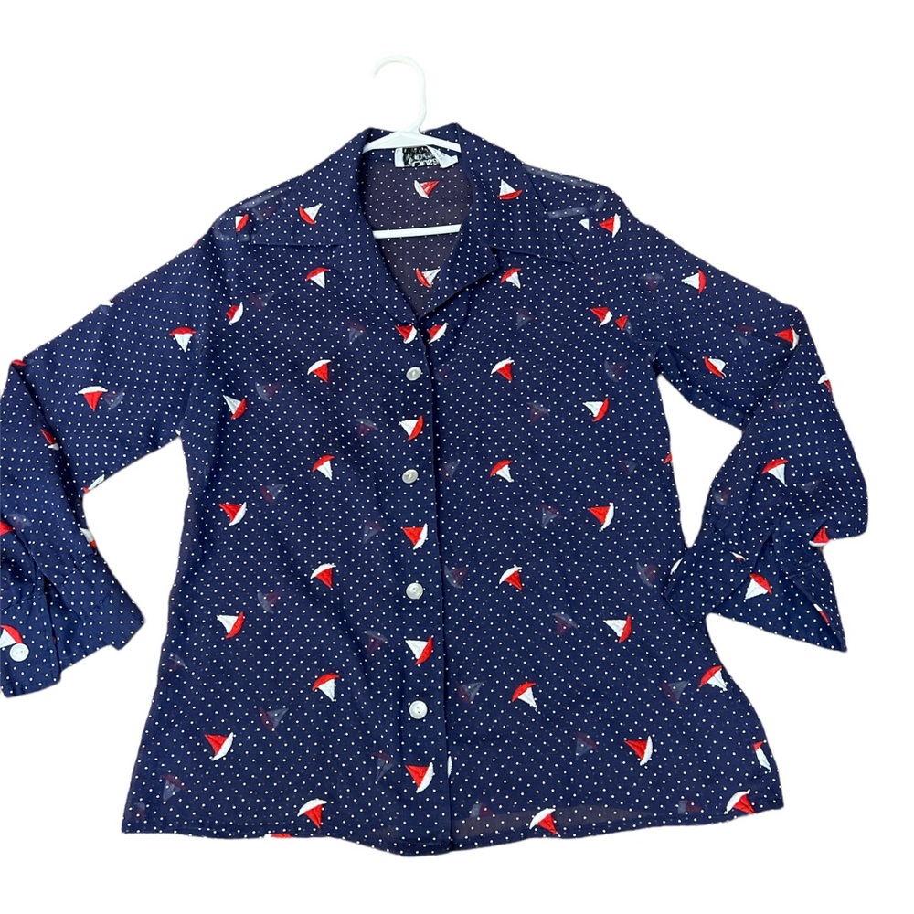 1970’s Polka Dot‎ Sail Boat Button Down Nautical Blouse, S/M